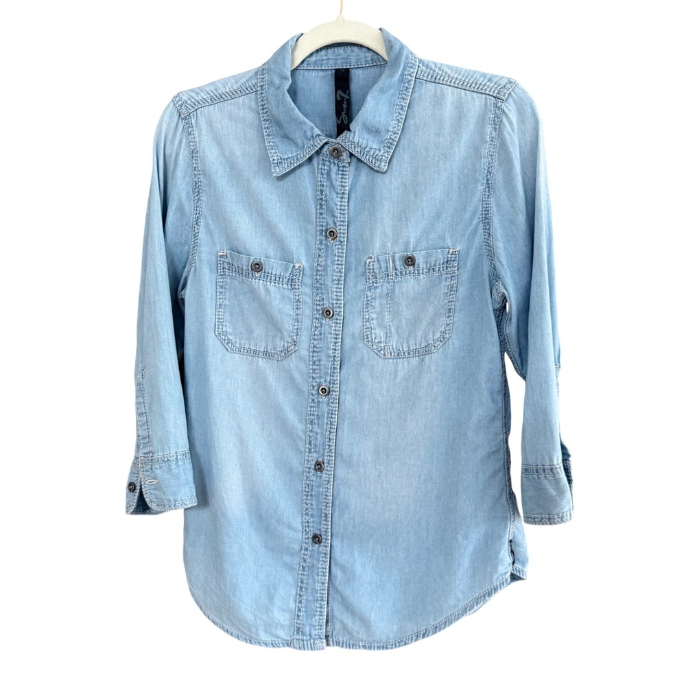 Seven7 Chambray‎ Denim Button Down Shirt Womens Small Light Blue Casual